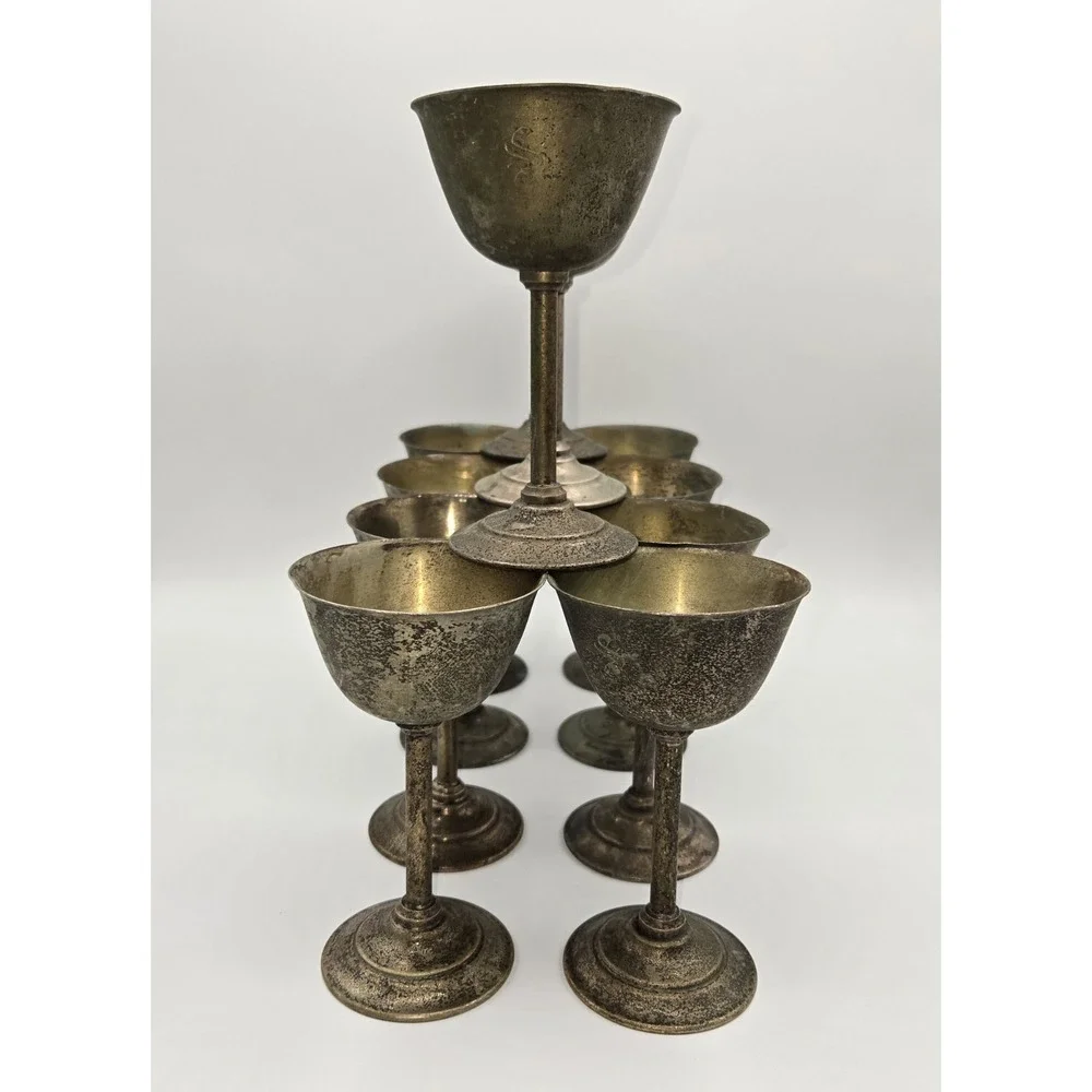 Antique British Sheffield Electro-Plated Nickel Silver Goblet Set of 11 4-7/8